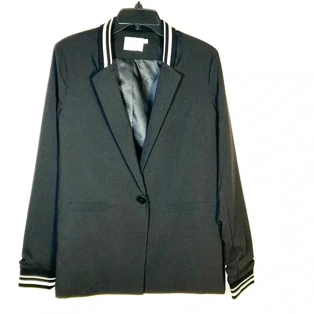 Lush Jacket Sz Small One Button Blazer Ruch Sleeves Black Stretch Stripe Collar